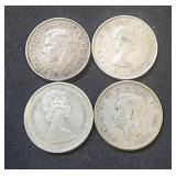(4) Canada Silver Quarters 1941, 1945, 1960, 1965