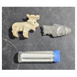 3 Mixed Items- Arrow Head, Animal Figurine, & Case