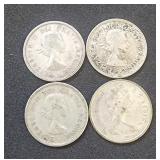 (4) Canada Silver Quarters 1955, 1958, 1962, 1968