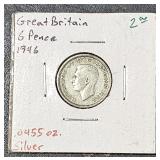 1946 Great Britain 6 Pence .0455 oz Silver Coin