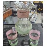 Pitcher and 2 Matching Glasses Green & Pink Color