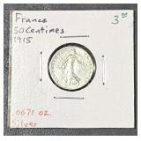 1915 France 50 Centimes .0671 oz Silver Coin
