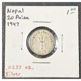 1947 Nepal 20 Paisa .0237 oz Silver Coin