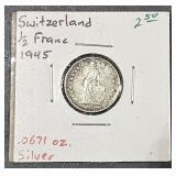 1945 Switzerland 1/2 Franc .0671 oz Silver  Coin