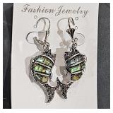 Metal & Abalone Shell Fish Earrings 2" Long