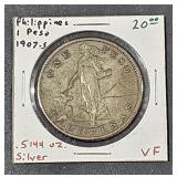 1907 S Philippine 1 Peso .5144 oz Silver Coin