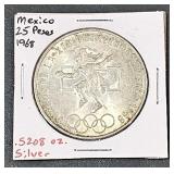 1968 Mexico 25 Pesos .5208 oz Silver Coin