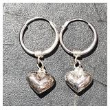 Sterling Hoop w/ Hearts Earrings 1 1/4" Long tw