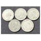 (5) Silver Dimes Canada 1938, (2) 1943, 1947, 1951