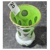 Vintage Cut Glass Vase White Over Green / Hand