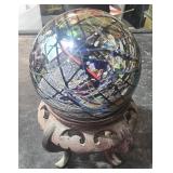 Signed Blown Art Glass Ball on Wood Stand by Barry