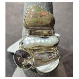 Sterling Ring w/ 4 Stone, Glass, Pearl, Shell sz