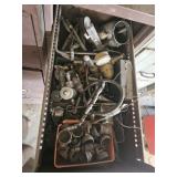 FILE CABINET W/ GUAGES, PAINT GUNS, WELDING TOOLS