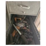 FILE CABINET W/ HEAT GUNS, MISC TOOLS, LIGHT BULBS