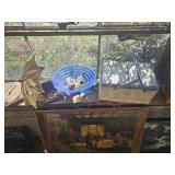 Vintage cobalt blue dish with vintage items