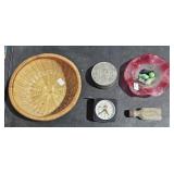 Wicker Basket w/ Small Clock Quartz, Metal Tin