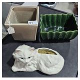 2 Ceramic Planters and Cat Planter