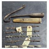 4 pcs Vintage Barb Wire 8-9" Long. Wood Handle w/