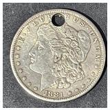 1881  Silver Morgan  $1 Dollar Coin w/ Hole