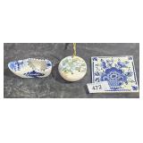 3 small home decor items,  delft, blue & white oth