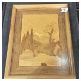 Framed Wood Picture Stream, Trees and Mountains