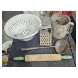 Metal Colonder, Rolling Pin, Ladel, Flower Sifter,