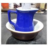 HALL Small Blue Pitcher Chip on Edge& Small Brown