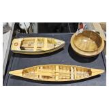 2 wooden miniature boats and a hand carved bowl