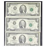 3Lots 1ea Series 1995 Federal Reserve Crisp $2