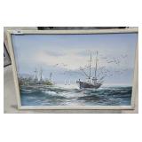 Signed oil on canvas ship painting has a small