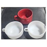 3 cups,  2 vintage glass bake, one has a chip