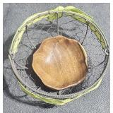 Wire Bread Basket w/ Green Ribbon & Monkey Pod