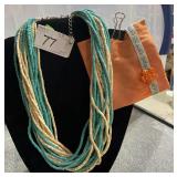 Blue & White Beaded Necklace and Cloth Pouch