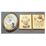 2 Wood Paintings of Clowns by Emma Thaver 1970
