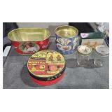 Box w/ Small Plates, 3 Tins, 2 Covered Jars,  Pop