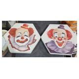 2 Clowns Painted on Hexagon Frames 12" Tall