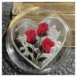 Metal Token Heart Shape w/ Red Flowers "Roses For
