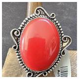 Red Coral Ring sz 7 German Silver