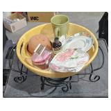 Large metal Frame, Wood Bowl w/ Crack 2 Saucers,