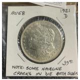 1921 D Morgan Silver $1 Dollar   AU58