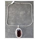Garnet Pendant Necklace w/ Chain  19" Long Chain &