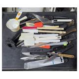 Bin of Misc Kitchen Tools & Knives
