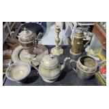 7 Metal Pieces -4 Coffee Pots, Candle Stick, Tray