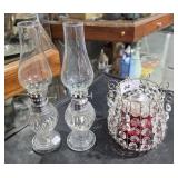 2 Small Hurricane Lamps and Oil Burner in Crystal