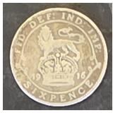 1916 Sixpence  Britt   Silver Coin