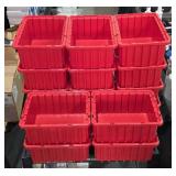 Red industrial plastic storage bins