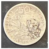 1918 50 Centimes Republque Francaise  Silver Coin