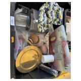 Tote of kitchen items John Deere tractor cutting