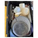 Tote of assorted kitchen and bakeware cast-iron