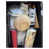 Tote of assorted kitchen items wooden bowl slap